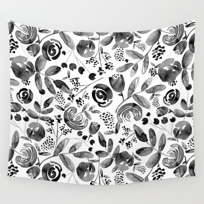 Bountiful Bouquet Black Watercolor Wall Tapestry Gallery Image 4