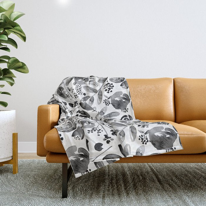 Bountiful Bouquet Black Watercolor Throw Blanket Gallery Image 1
