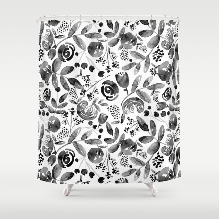 Bountiful Bouquet Black Watercolor Shower Curtain Gallery Image 1