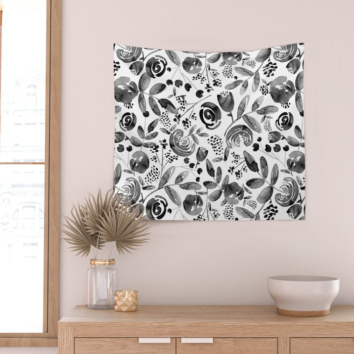 Bountiful Bouquet Black Watercolor Wall Tapestry Gallery Image 2