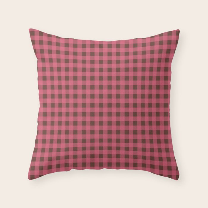 Gingham Check Eclectic Plaid Pattern in Pink and Brown Throw Pillow Gallery Image 1