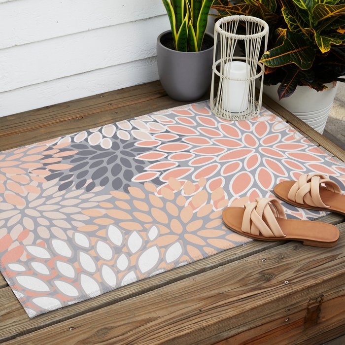 Flowers Abstract Print, Coral, Peach, Gray Outdoor Rug Gallery Image 2
