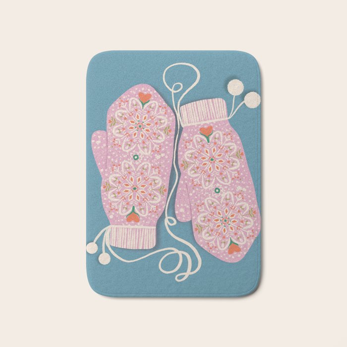 Pink Snowflake Mittens and Hearts on Blue Winter Pattern Bath Mat Gallery Image 1