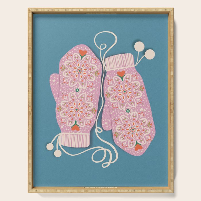 Pink Snowflake Mittens and Hearts on Blue Winter Pattern Serving Tray Gallery Image 1