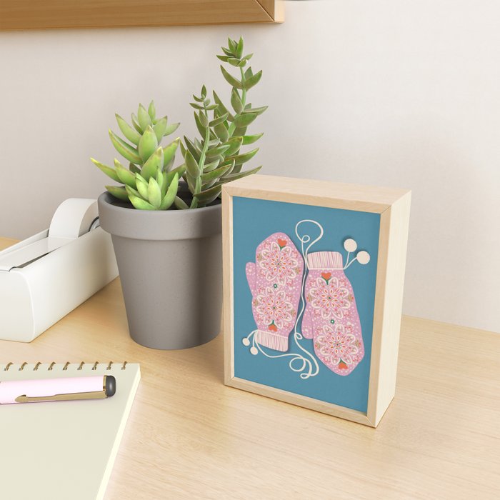 Pink Snowflake Mittens and Hearts on Blue Winter Pattern Mini Art Print Gallery Image 2
