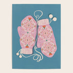 Pink Snowflake Mittens and Hearts on Blue Winter Pattern Poster Gallery Image 4