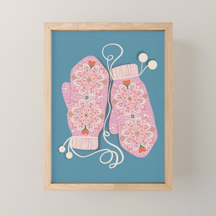 Pink Snowflake Mittens and Hearts on Blue Winter Pattern Mini Art Print Gallery Image 1