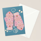 Pink Snowflake Mittens and Hearts on Blue Winter Pattern Stationery Card Gallery Image 2