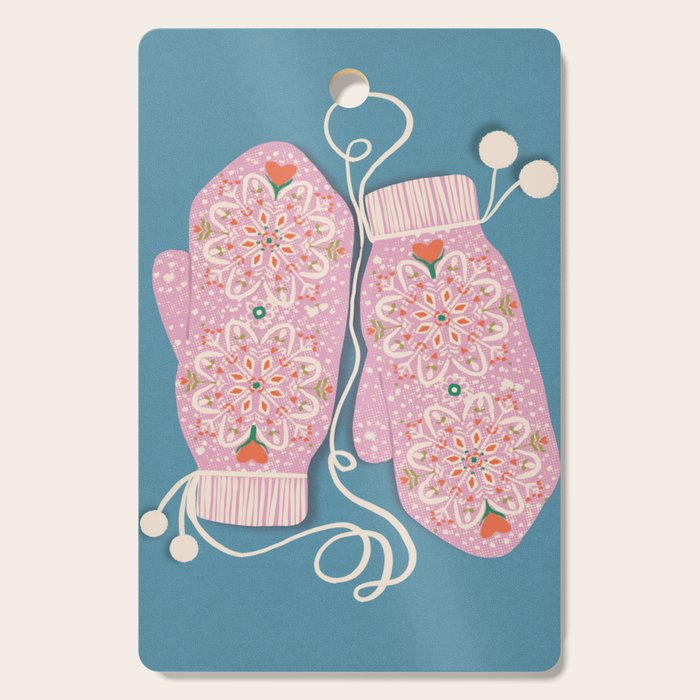 Pink Snowflake Mittens and Hearts on Blue Winter Pattern Cutting Board Gallery Image 1