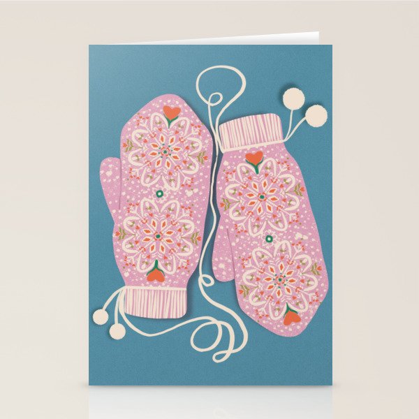 Pink Snowflake Mittens and Hearts on Blue Winter Pattern Stationery Card Gallery Image 2