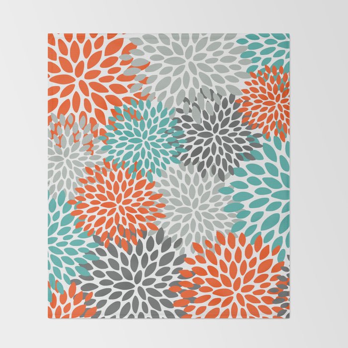 Floral Pattern, Abstract, Orange, Teal and Gray Throw Blanket Gallery Image 2