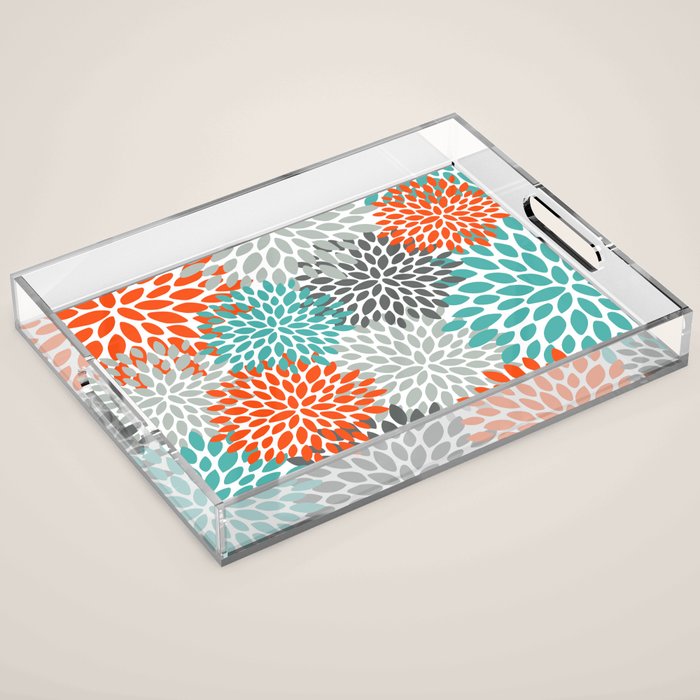 Floral Pattern, Abstract, Orange, Teal and Gray Acrylic Tray Gallery Image 1