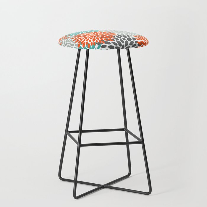 Floral Pattern, Abstract, Orange, Teal and Gray Stool Gallery Image 1