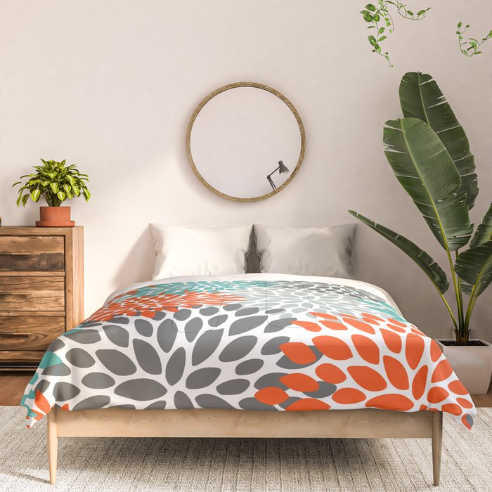 Floral Pattern, Abstract, Orange, Teal and Gray Comforter Gallery Image 3
