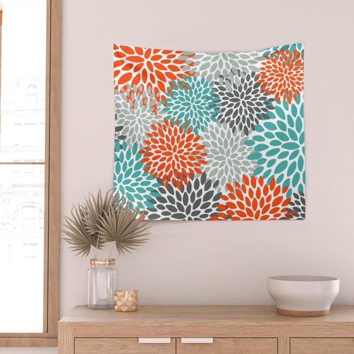 Floral Pattern, Abstract, Orange, Teal and Gray Wall Tapestry Gallery Image 2