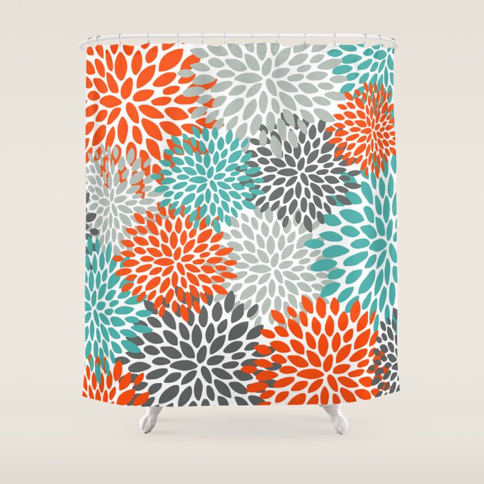 Floral Pattern, Abstract, Orange, Teal and Gray Shower Curtain Gallery Image 1