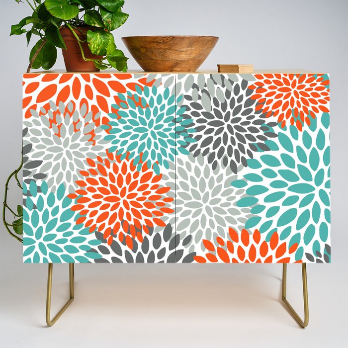 Floral Pattern, Abstract, Orange, Teal and Gray Credenza Gallery Image 1