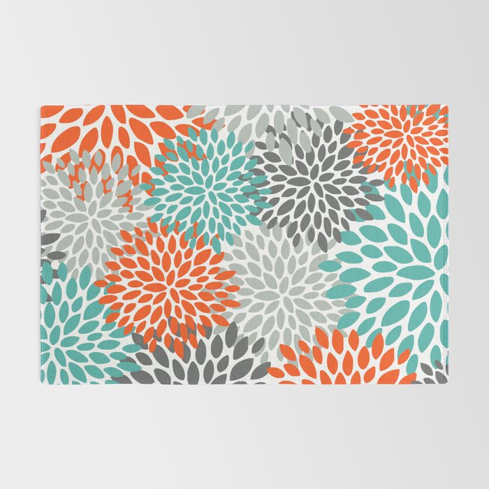 Floral Pattern, Abstract, Orange, Teal and Gray Rug Gallery Image 2