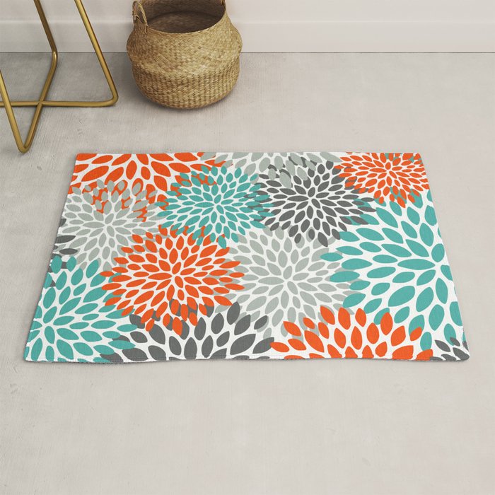 Floral Pattern, Abstract, Orange, Teal and Gray Rug Gallery Image 1
