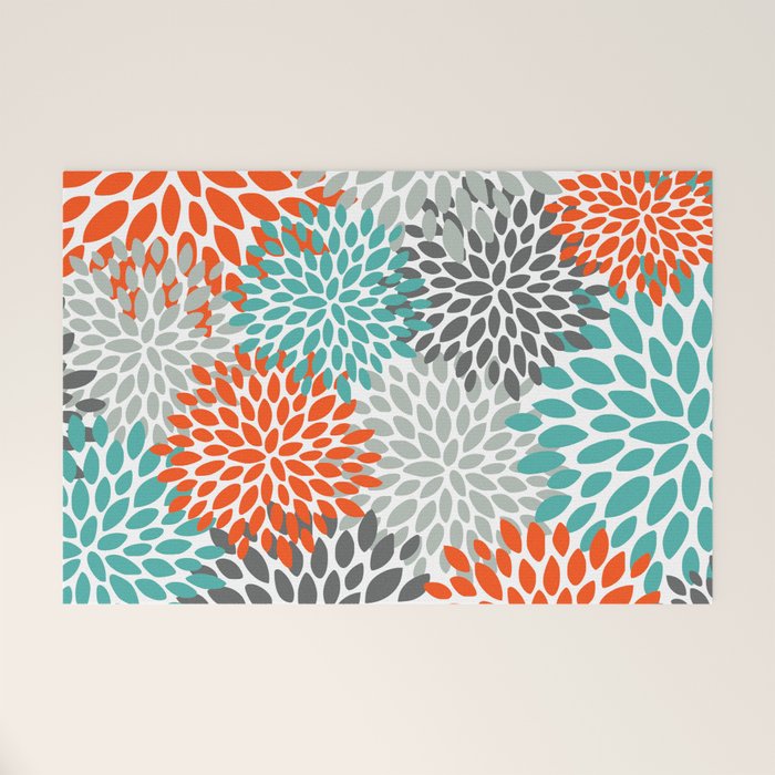 Floral Pattern, Abstract, Orange, Teal and Gray Welcome Mat Gallery Image 1