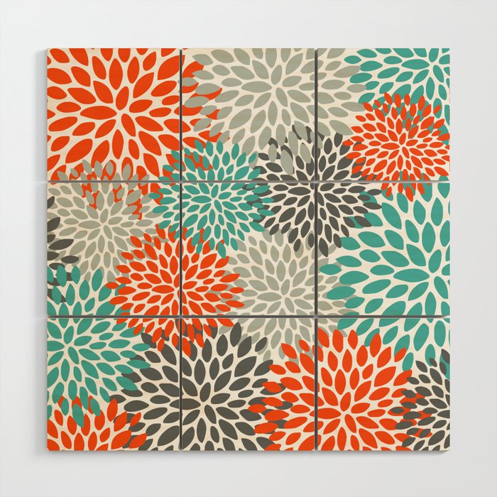 Floral Pattern, Abstract, Orange, Teal and Gray Wood Wall Art Gallery Image 1