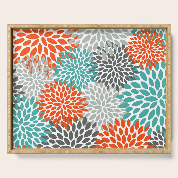 Floral Pattern, Abstract, Orange, Teal and Gray Serving Tray Gallery Image 1