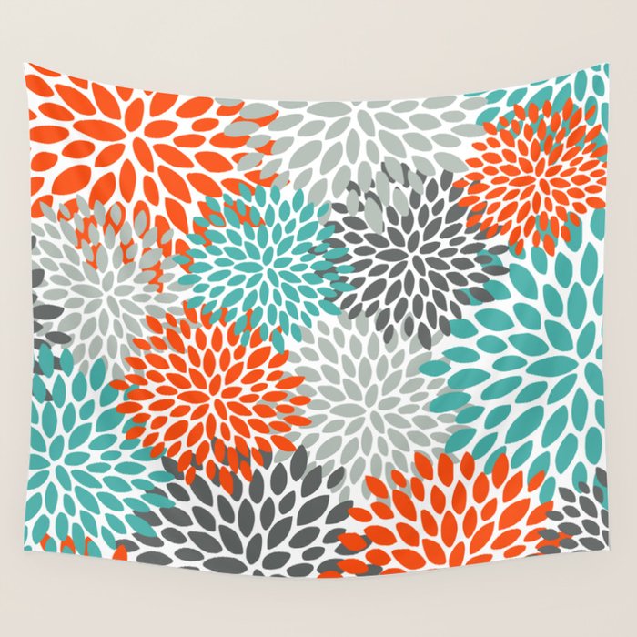 Floral Pattern, Abstract, Orange, Teal and Gray Wall Tapestry Gallery Image 4