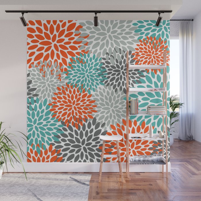 Floral Pattern, Abstract, Orange, Teal and Gray Wall Mural Gallery Image 1
