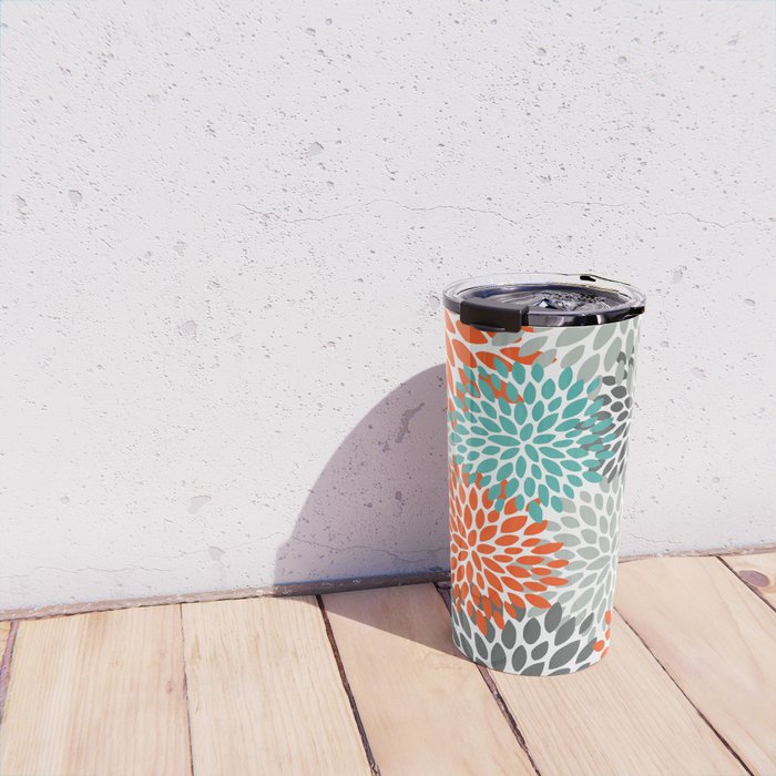 Floral Pattern, Abstract, Orange, Teal and Gray Travel Mug Gallery Image 4