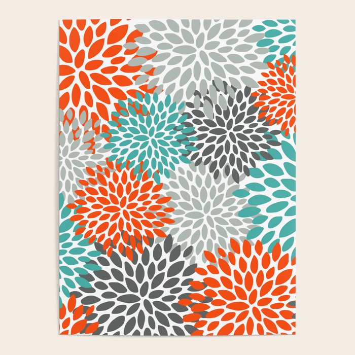 Floral Pattern, Abstract, Orange, Teal and Gray Poster Gallery Image 4
