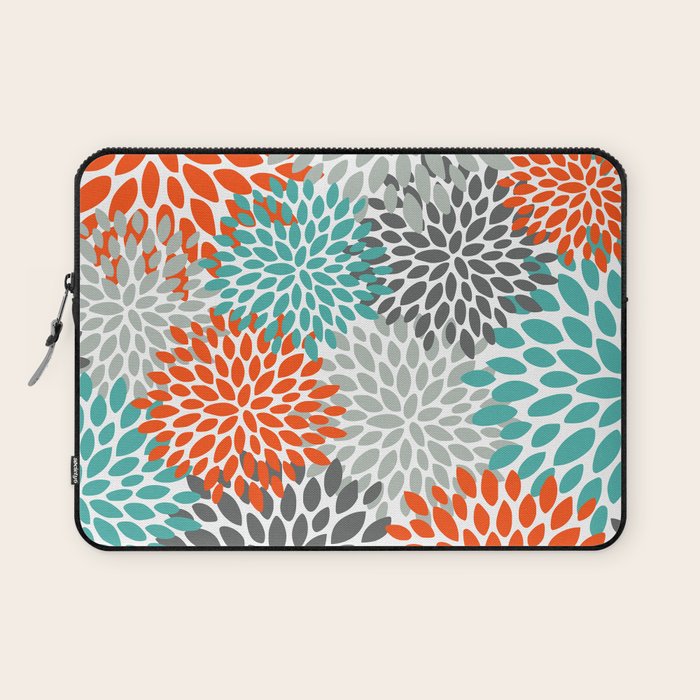 Floral Pattern, Abstract, Orange, Teal and Gray Laptop Sleeve Gallery Image 1