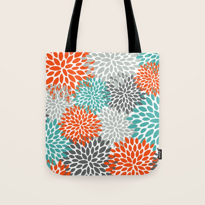 Floral Pattern, Abstract, Orange, Teal and Gray Tote Bag Gallery Image 1