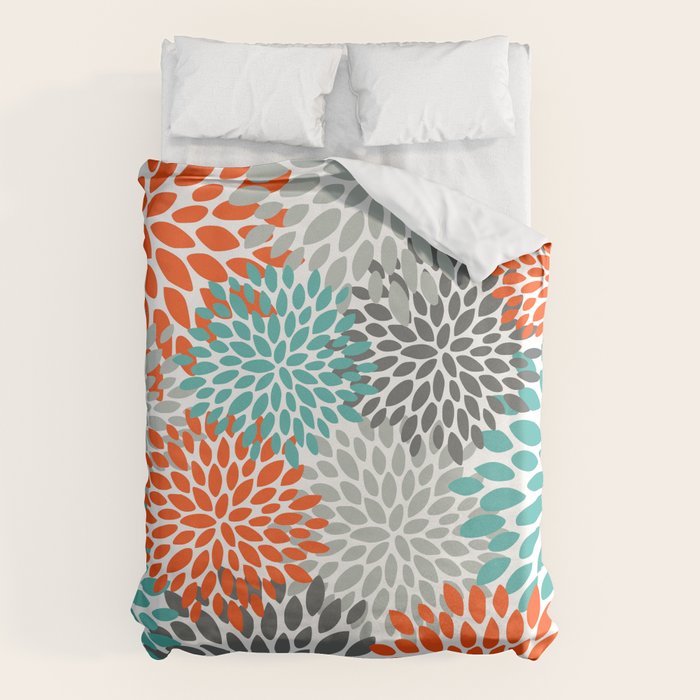 Floral Pattern, Abstract, Orange, Teal and Gray Duvet Cover Gallery Image 6