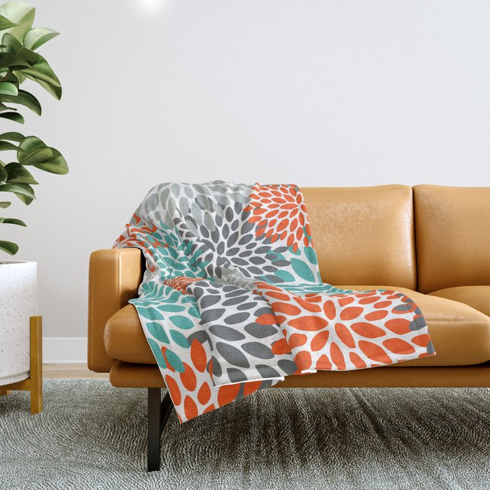 Floral Pattern, Abstract, Orange, Teal and Gray Throw Blanket Gallery Image 1