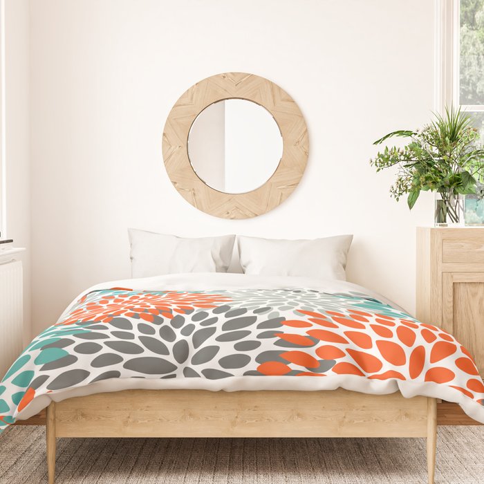 Floral Pattern, Abstract, Orange, Teal and Gray Duvet Cover Gallery Image 3