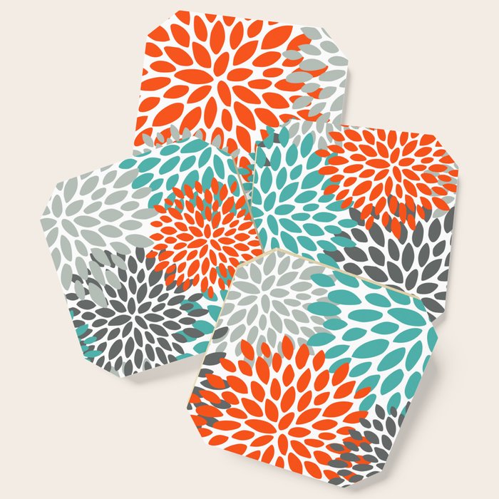 Floral Pattern, Abstract, Orange, Teal and Gray Coaster Gallery Image 1
