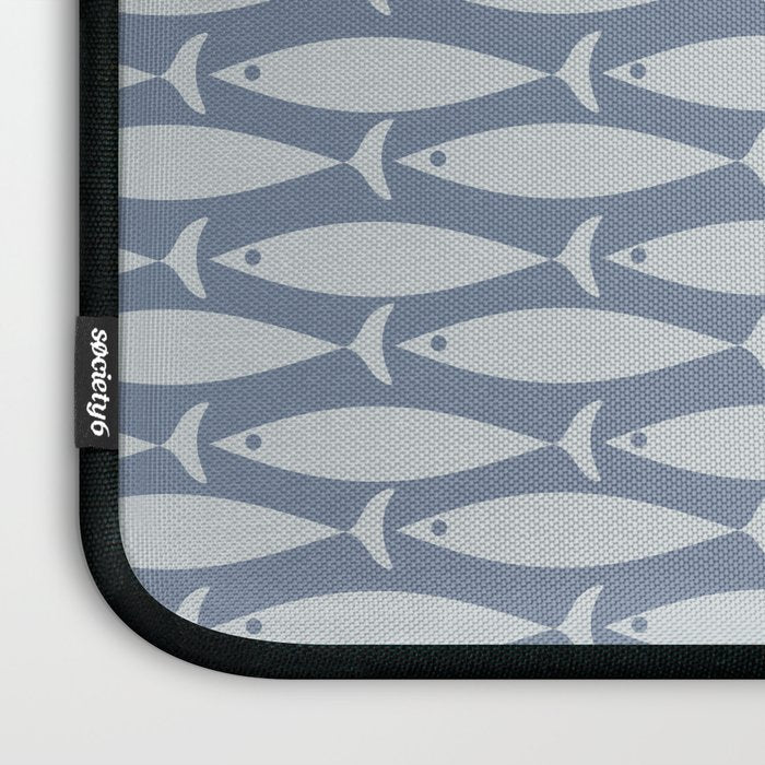 Minimalist Mid Century Modern Scandi Fish Pattern in Slate Blue Laptop Sleeve Gallery Image 3