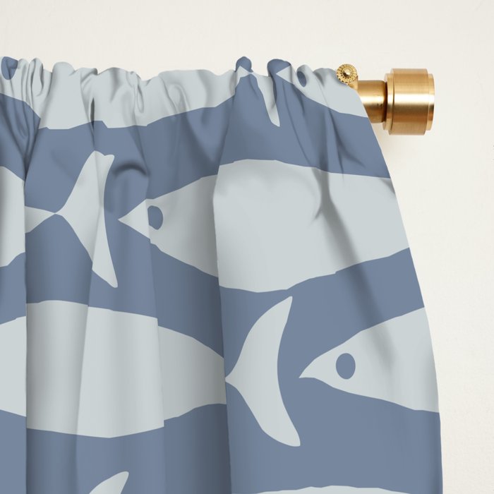 Minimalist Mid Century Modern Scandi Fish Pattern in Slate Blue Window Curtain Gallery Image 2