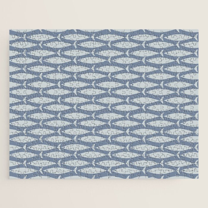 Minimalist Mid Century Modern Scandi Fish Pattern in Slate Blue Jigsaw Puzzle Gallery Image 1