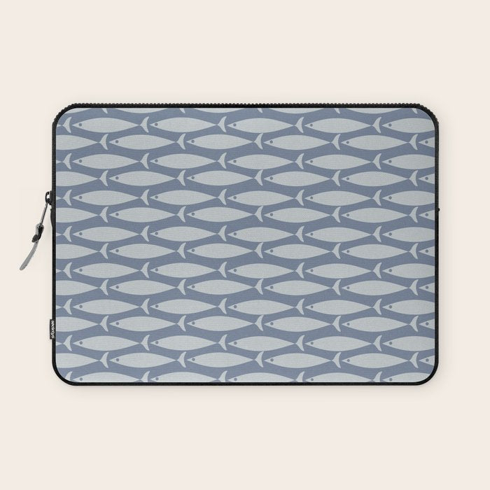 Minimalist Mid Century Modern Scandi Fish Pattern in Slate Blue Laptop Sleeve Gallery Image 1