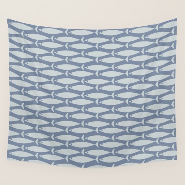 Minimalist Mid Century Modern Scandi Fish Pattern in Slate Blue Wall Tapestry Gallery Image 4