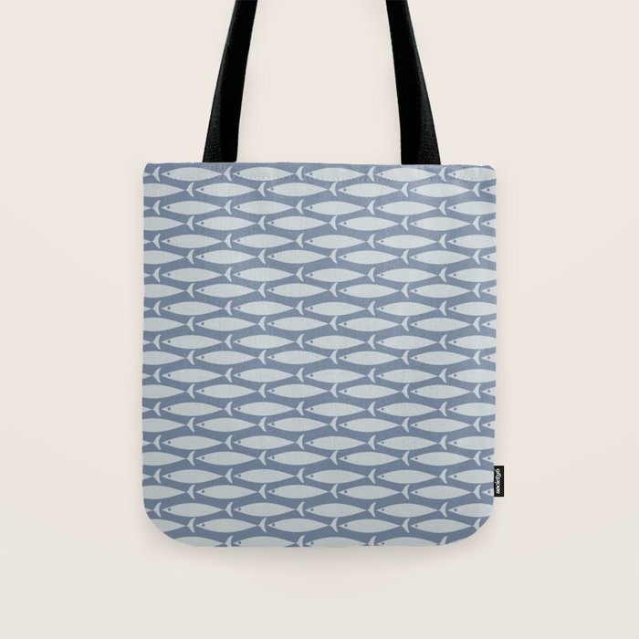 Minimalist Mid Century Modern Scandi Fish Pattern in Slate Blue Tote Bag Gallery Image 1