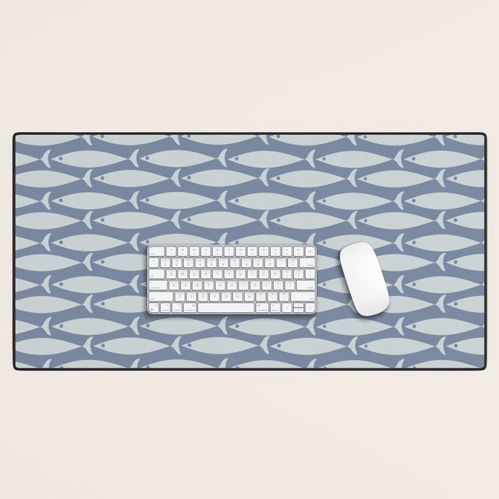 Minimalist Mid Century Modern Scandi Fish Pattern in Slate Blue Desk Mat Gallery Image 1