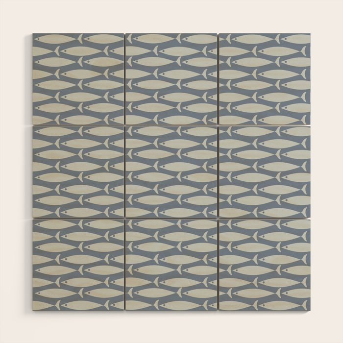 Minimalist Mid Century Modern Scandi Fish Pattern in Slate Blue Wood Wall Art Gallery Image 1