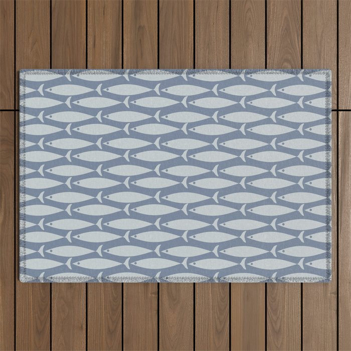 Minimalist Mid Century Modern Scandi Fish Pattern in Slate Blue Outdoor Rug Gallery Image 1