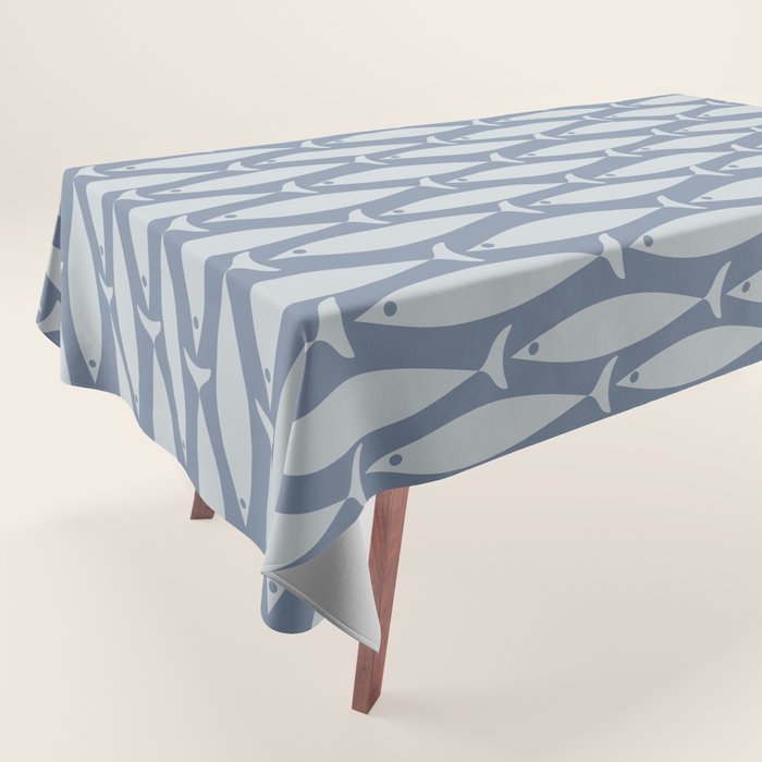 Minimalist Mid Century Modern Scandi Fish Pattern in Slate Blue Tablecloth Gallery Image 1