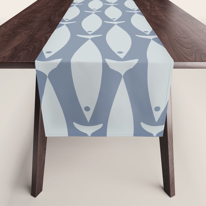 Minimalist Mid Century Modern Scandi Fish Pattern in Slate Blue Table Runner Gallery Image 1