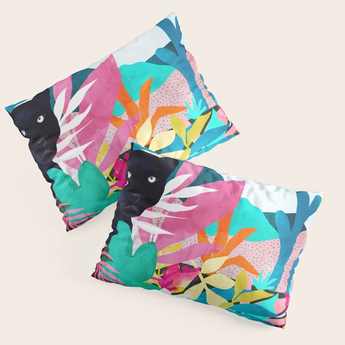 The Black Panther, Tropical Jungle Watercolor Painting, Botanical Forest Colorful Bohemian Illustration, Tiger Leopard Cheetah Animals Pillow Sham Gallery Image 3