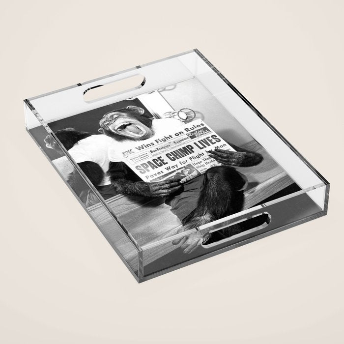 Space Chimp Lives - NASA Moon Flight black and white photograph Acrylic Tray Gallery Image 1