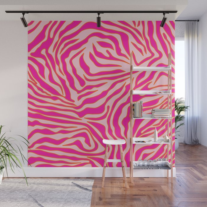 Zebra Print Pink And Orange Zebra Stripes Wild Animal Print Preppy Decor Modern Zebra Pattern Wall Mural Gallery Image 1